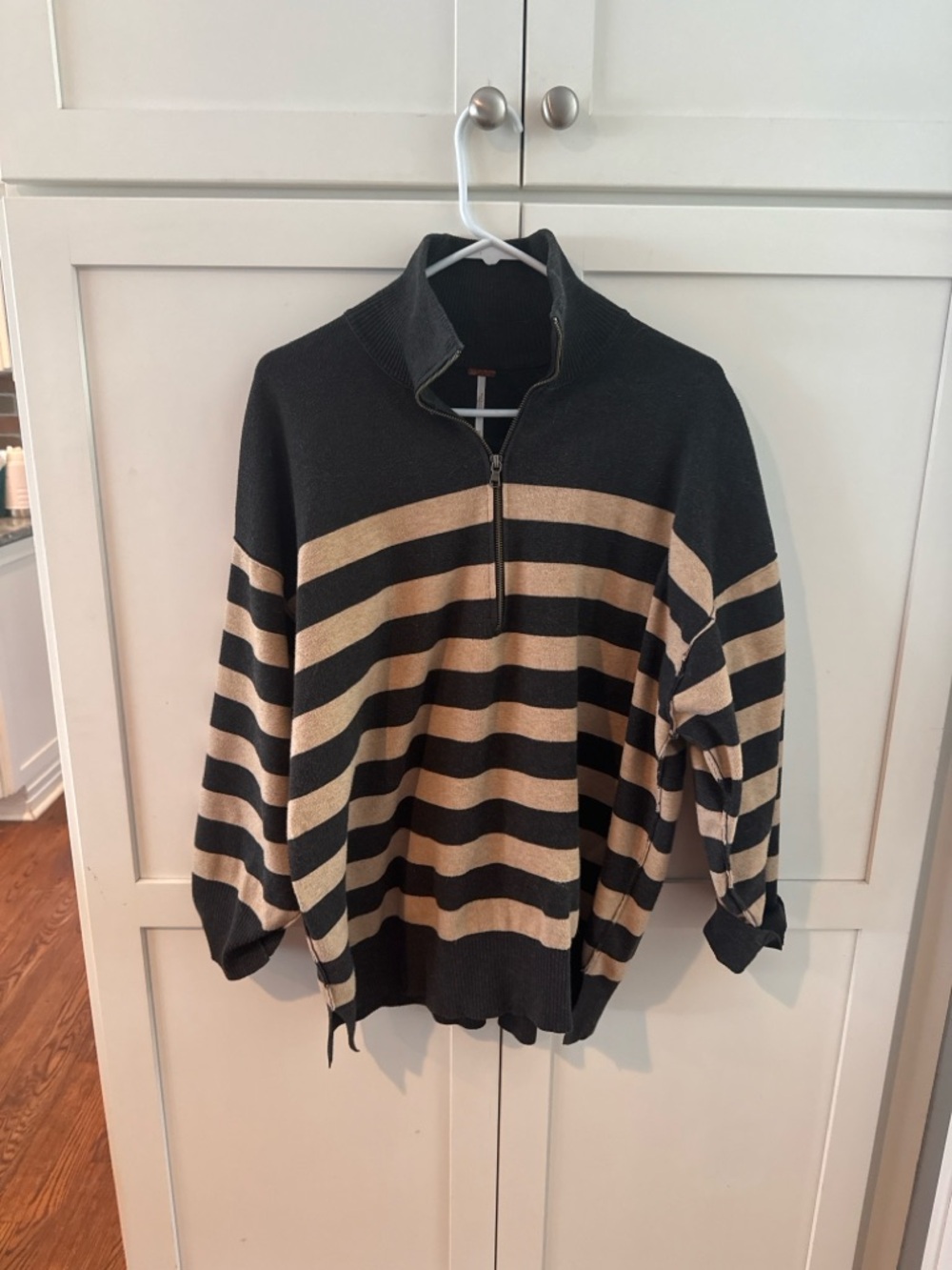 Free People Black and Tan Striped Half-Zip Sweater